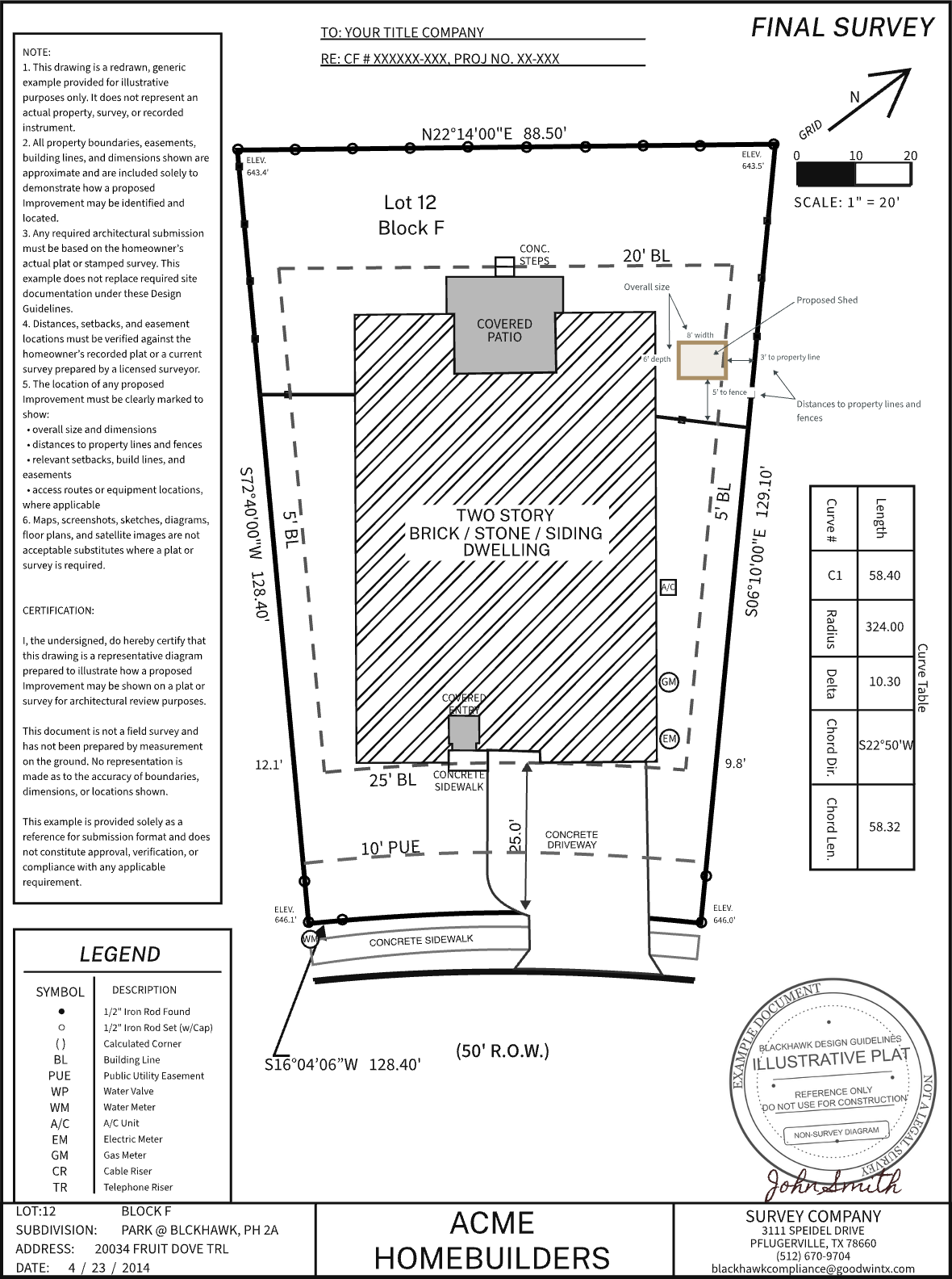 Full-page marked-up plat example showing a proposed shed beside the residence with overall size and distances labeled to the fence and property line.