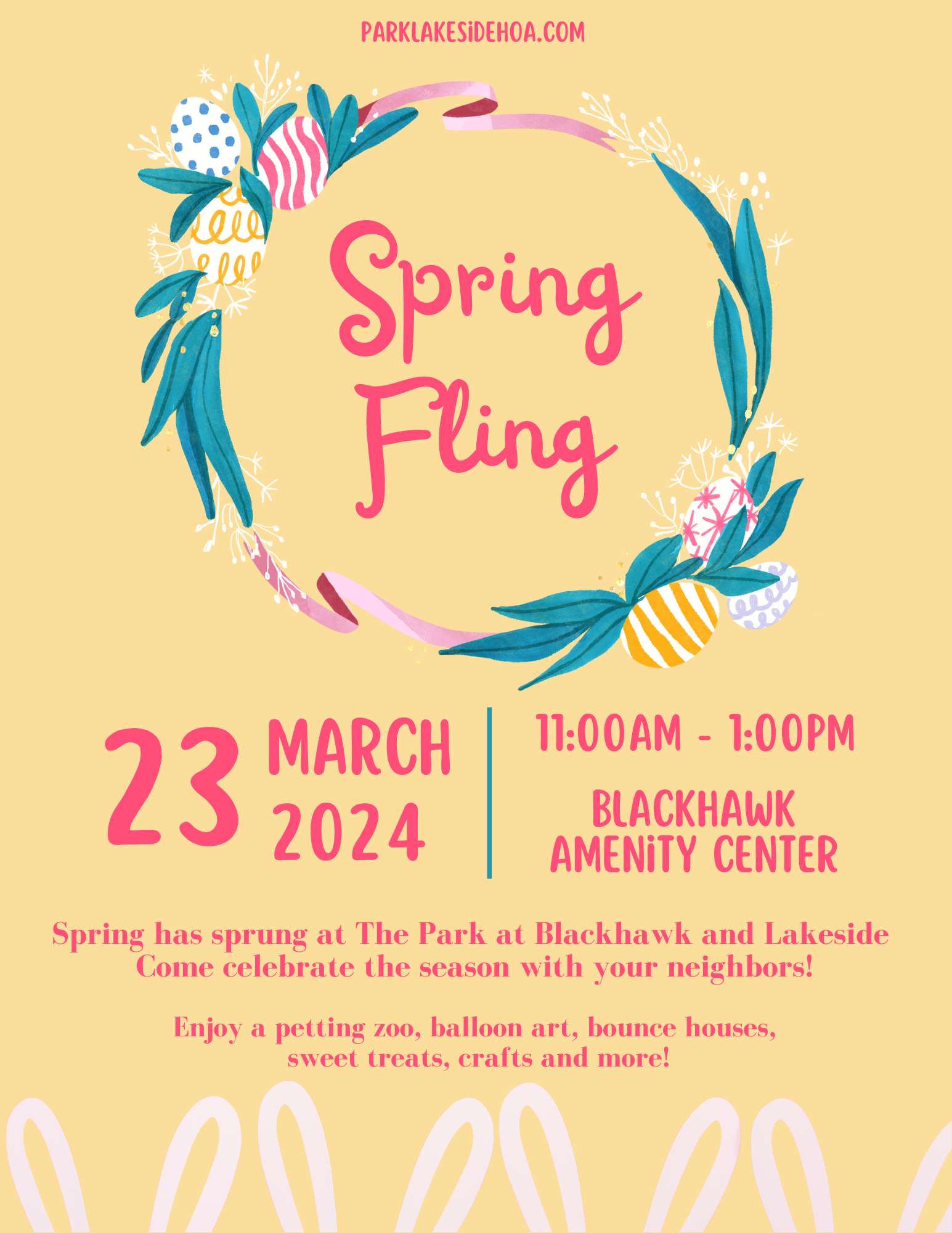 A vibrant flyer announcing the 'Spring Fling' event on March 23, 2024, from 11:00 am to 1:00 pm at the Blackhawk Amenity Center. The flyer is dominated by a spring-themed color palette with a yellow background and features illustrations of eggs and plants forming a wreath around the words 'Spring Fling'. The website parklakesidehoa.com is mentioned at the top.