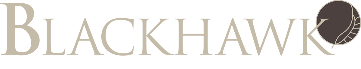 The Blackhawk logo in a serif font with the final “K” featuring a circular emblem that includes a stylized feather design inside the letter.