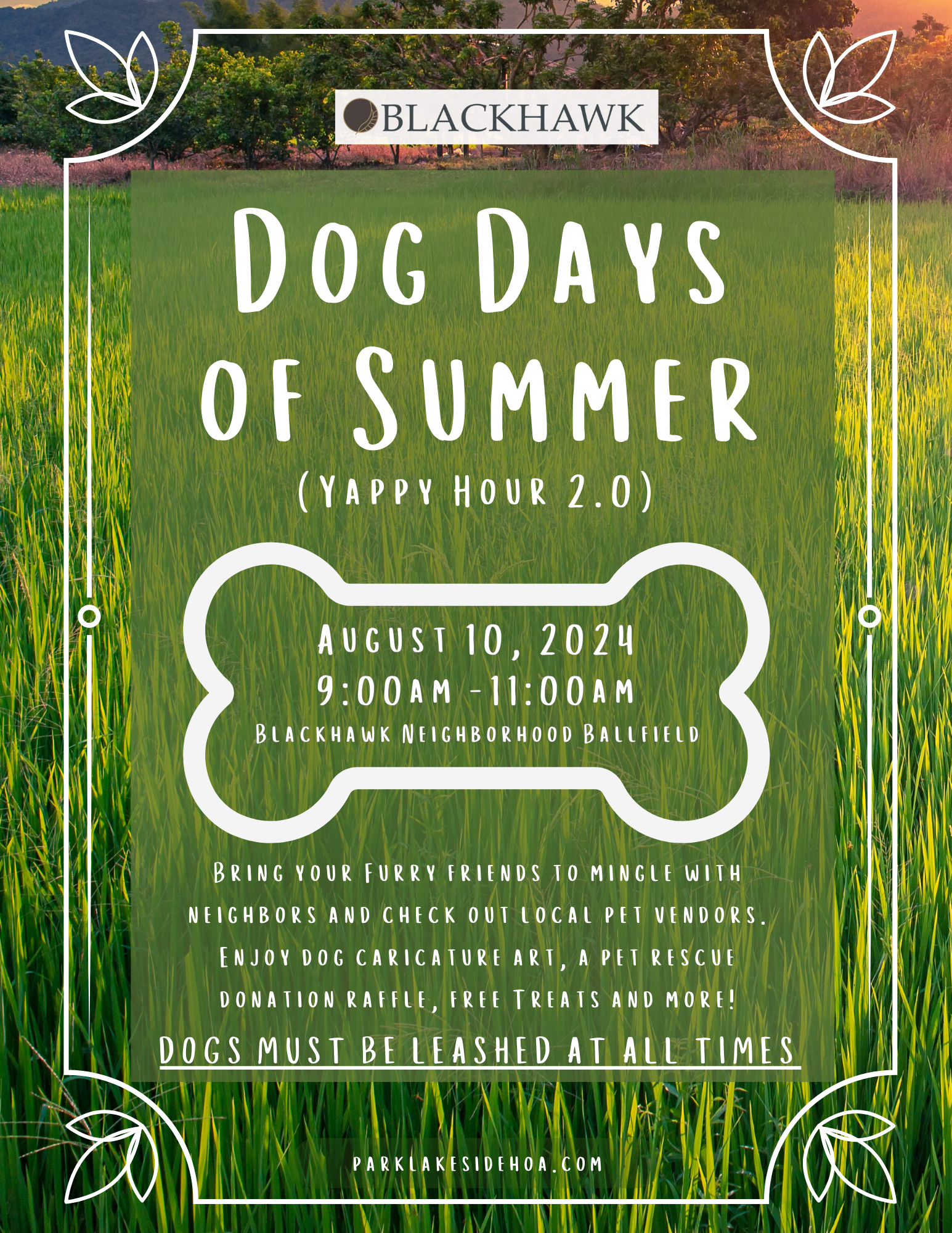 A flyer for the "Dog Days of Summer (Yappy Hour 2.0)" event hosted by Blackhawk Community, featuring an outdoor background with lush green fields and a framed border with leaf designs.