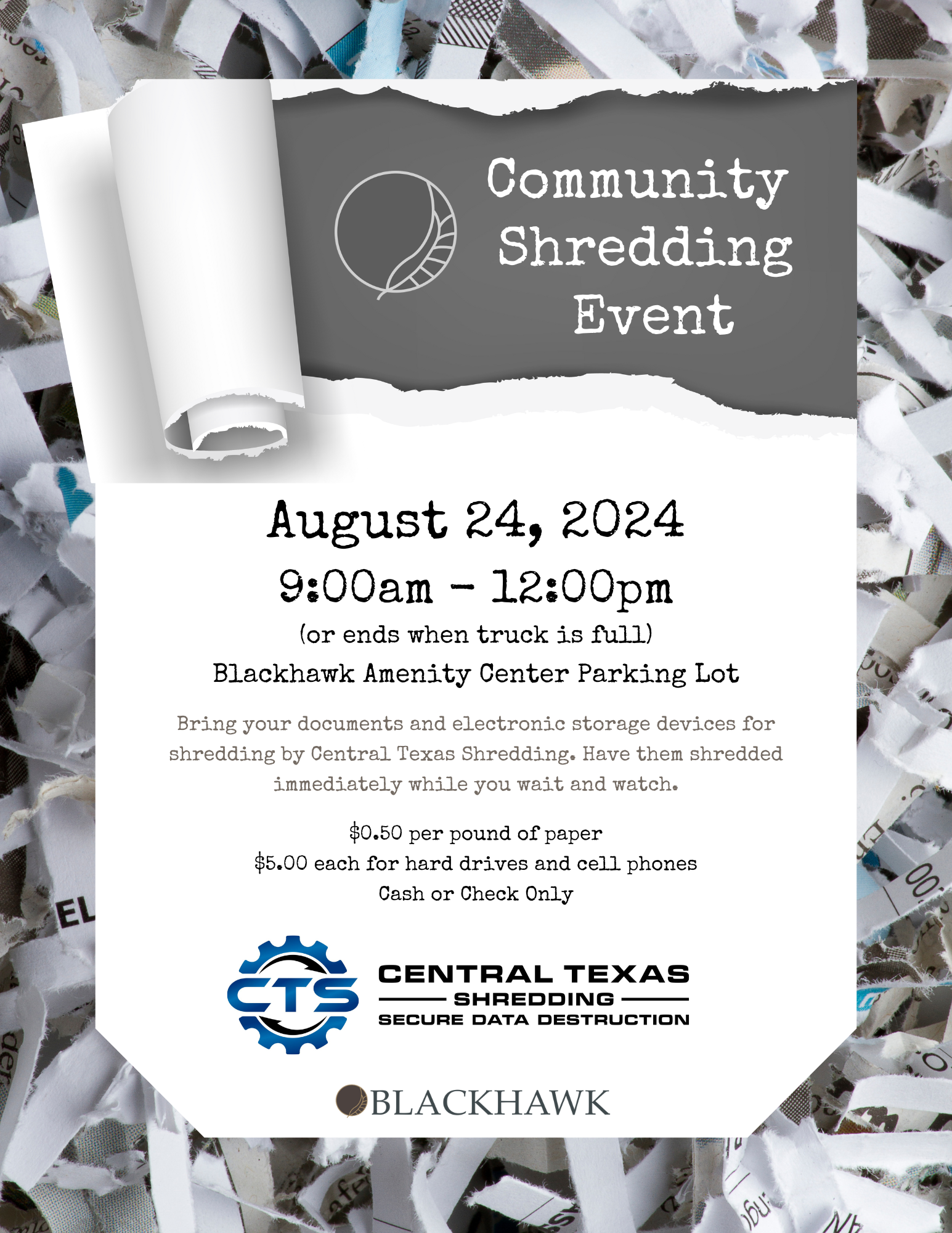 A flyer for the "Community Shredding Event" with a background image of shredded paper. The flyer features a torn paper design, event details, and logos for Central Texas Shredding and Blackhawk.