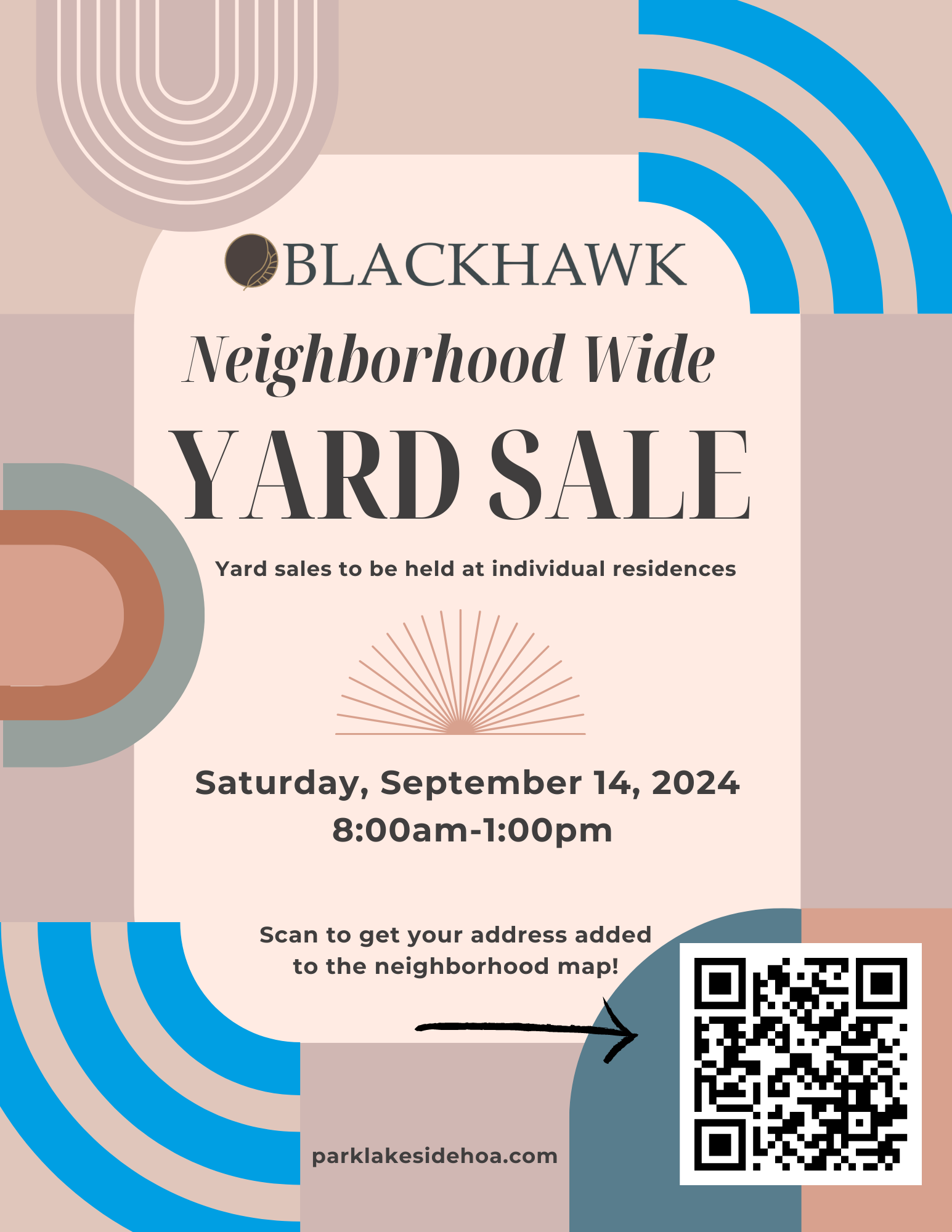 A flyer for the Blackhawk Neighborhood Wide Yard Sale, scheduled for Saturday, September 14, 2024, from 8:00 AM to 1:00 PM. The flyer features a modern design with curved geometric shapes in shades of beige, brown, green, and blue. The event details are written in bold, large fonts, with a QR code in the bottom right corner for adding your address to the neighborhood map. The website "parklakesidehoa.com" is also listed at the bottom.