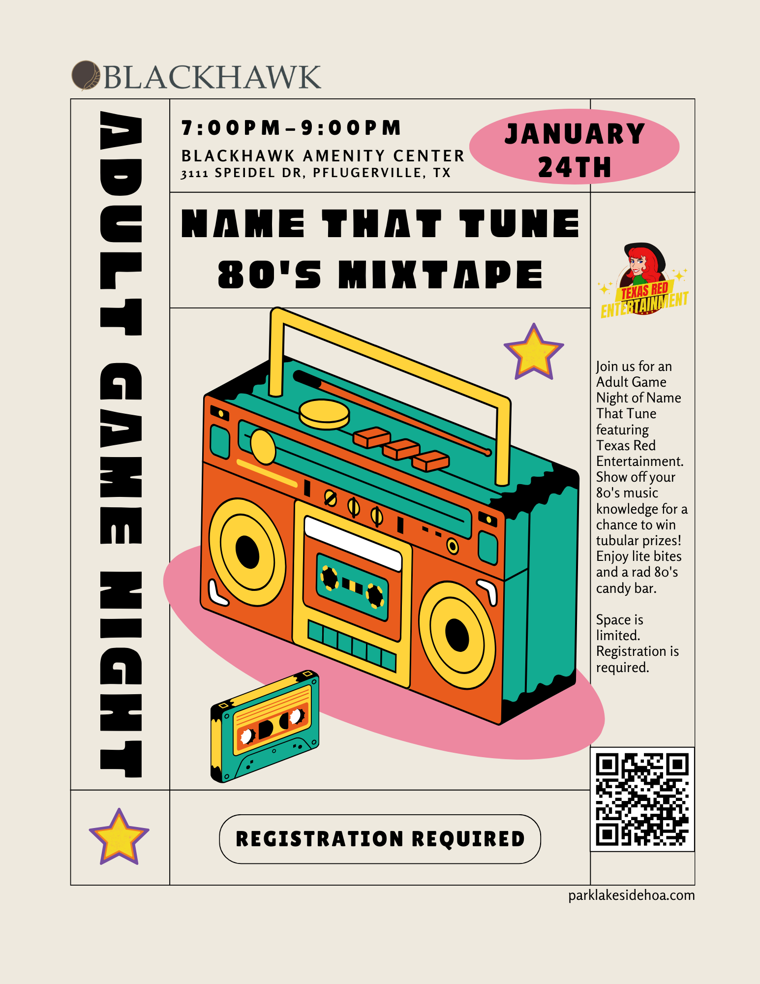 A flyer promoting "Adult Game Night" featuring the event "Name That Tune: 80's Mixtape" hosted by the Blackhawk community. The flyer includes a colorful illustration of a retro 80's boombox and cassette tape. Text reads: "Blackhawk. Adult Game Night. 7:00 PM - 9:00 PM. Blackhawk Amenity Center, 3111 Speidel Dr, Pflugerville, TX. January 24th. Name That Tune: 80's Mixtape. Join us for an Adult Game Night of Name That Tune featuring Texas Red Entertainment. Show off your 80's music knowledge for a chance to win tubular prizes! Enjoy lite bites and a rad 80's candy bar. Space is limited. Registration is required. parklakesidehoa.com." Includes a QR code for registration.