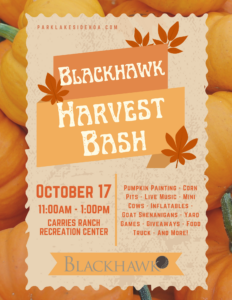Orange Harvest Bash flyer with pumpkins in the background and fall leaves surrounding the title banner.
