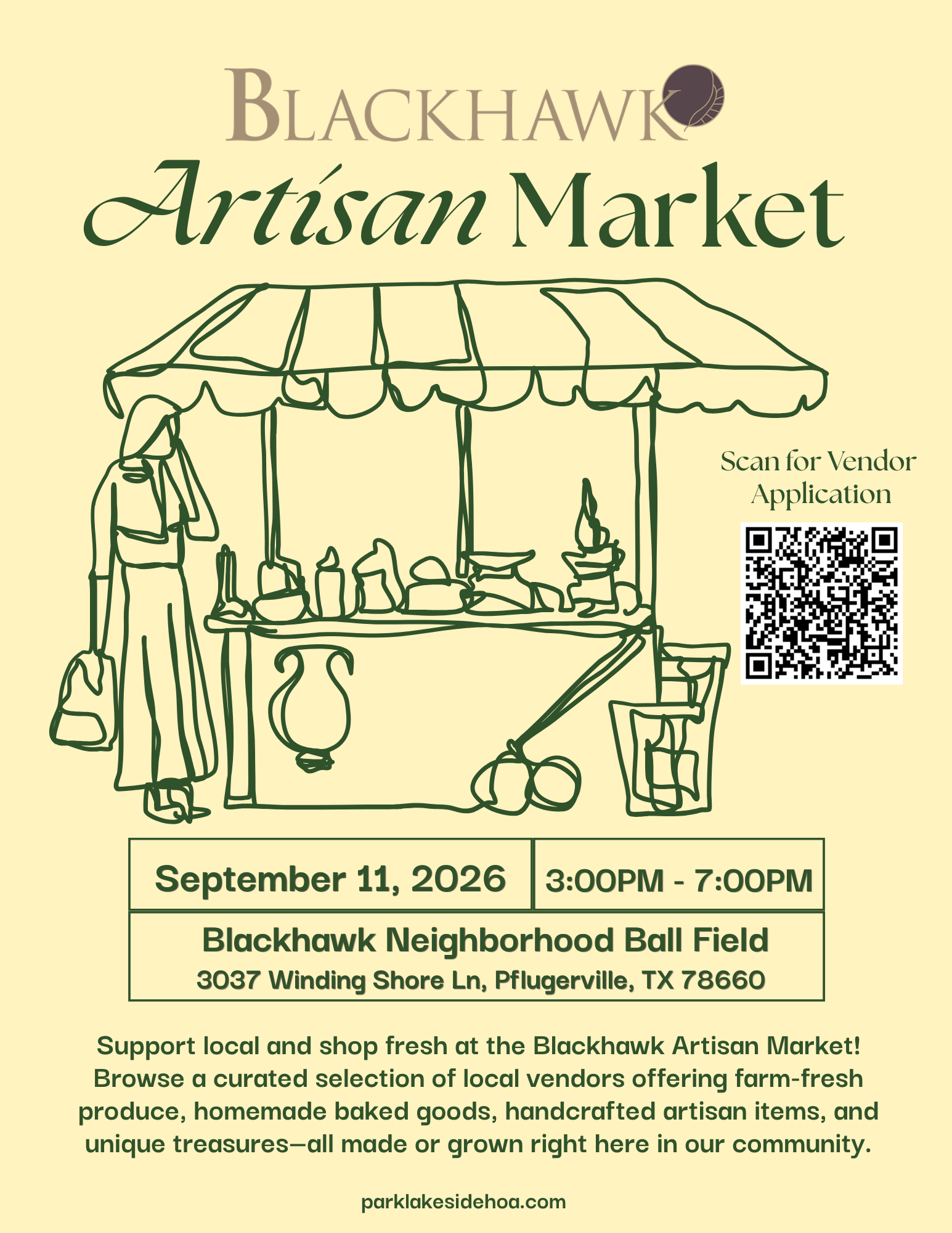 Blackhawk Artisan Market flyer featuring a hand-drawn market stall illustration in dark green on a pale yellow background. The event is Thursday, September 11, 2026, from 3:00 PM–7:00 PM at the Blackhawk Neighborhood Ball Field, 3037 Winding Shore Ln, Pflugerville, TX 78660. The market will feature local vendors with farm-fresh produce, homemade baked goods, handcrafted artisan items, and other locally made goods. A QR code is included for vendor applications.