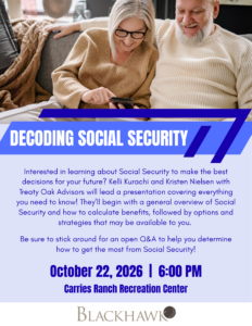 Blue Decoding Social Security flyer with photo of couple scrolling on a device.