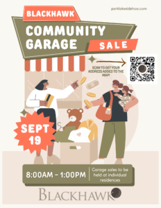 Blackhawk Community Garage Sale flyer for September 19, from 8:00 AM to 1:00 PM. Garage sales will be held at individual residences throughout the community. Residents can scan the QR code to have their address added to the garage sale map.