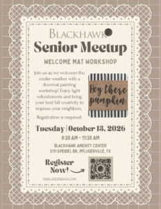 Gray Senior Meetup Flyer with photo of a welcome mat and a QR code to the registration link.